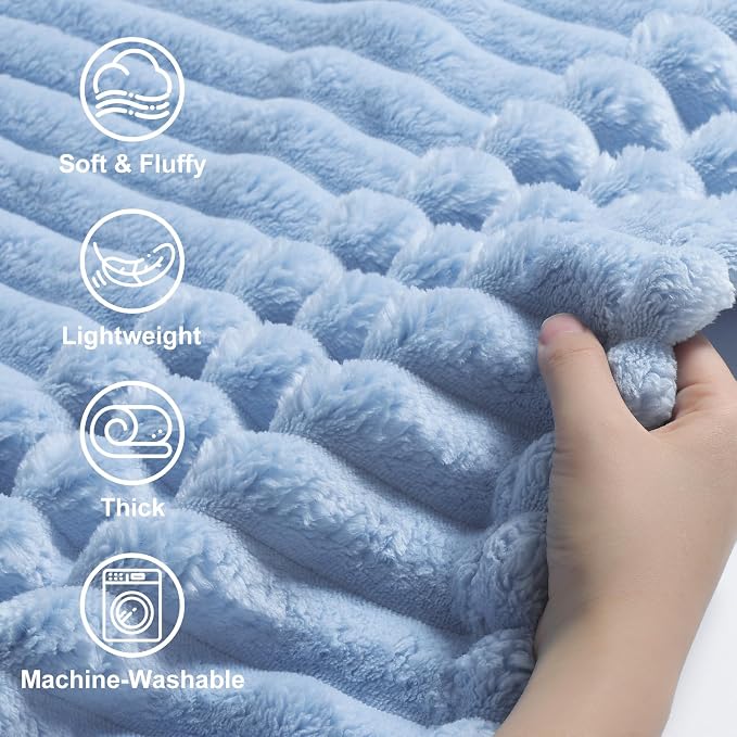 decorUhome Blue Grey Fleece Queen Blanket 90x90 Inches | Soft Fleece Bed Cozy Fluffy Plush Flannel Large Striped Throws for Couch Sofa, Decorative Fuzzy Blanket for Woman