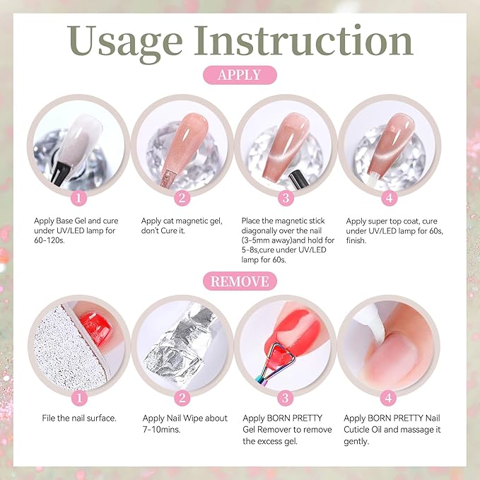Born Pretty Reflective Glitter Cat Magnetic Eye Gel Nail Polish 15ML,Green Pink Guava Colors Glitter Sparkly Shiny Disco DJ LED Magnetic Gel Polish Sparkly Shiny U V Gels for Home Salon