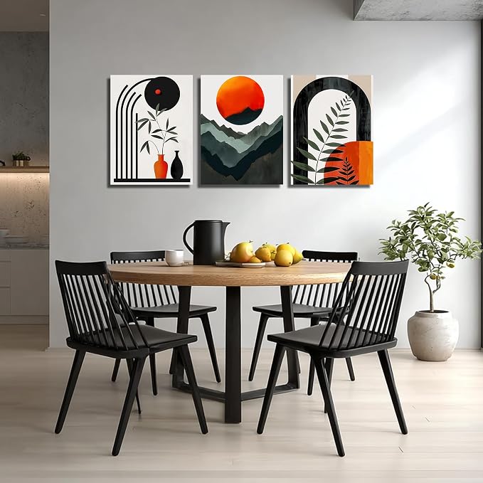 DNIEOTU Bohemian Wall Art for Living Room, Boho Geometric Shapes Canvas Wall-Decor for Bedroom, Minimalist Mountain and Moon Picture Prints, Size 16 x 24 Inches 3-Pieces