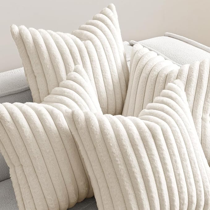 MIULEE Faux Fur Plush Decorative Throw Pillow Covers 18x18, Cream White | Set of 4, Striped, Soft Modern Cozy Home Decor, Cushion Cases for Sofa Couch Bed Living Room