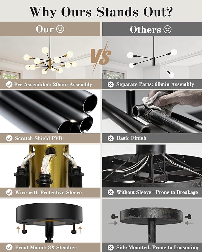 Modern Chandelier, 12-Light Sputnik Ceiling Light Fixture, Mid Century Height Adjustable Sputnik Chandeliers for Dining Room, Kitchen Island, Living Room, Bedroom - Black and Gold