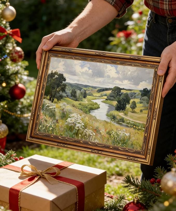 Gold Framed Wall Art Vintage Countryside River Wall Art Rustic Nature Wildflower Meadow Landscape Wall Decor Picture Farmhouses Country Cottage Poster Print Artwork for Living Room Bedroom 9x11in