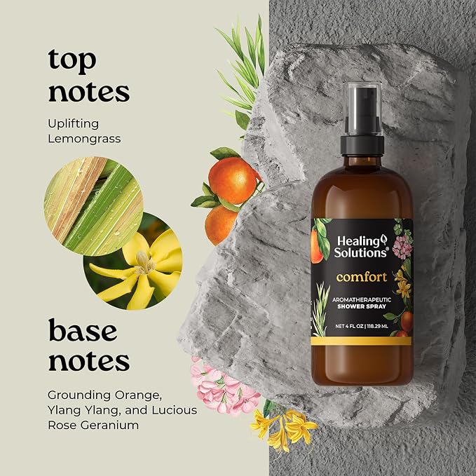 Healing Solutions Aromatherapy Shower Spray, Comfort Blend, 4oz, Made in the USA, At Home Spa Experience, Promotes Emotional Calm (4oz, Comfort)
