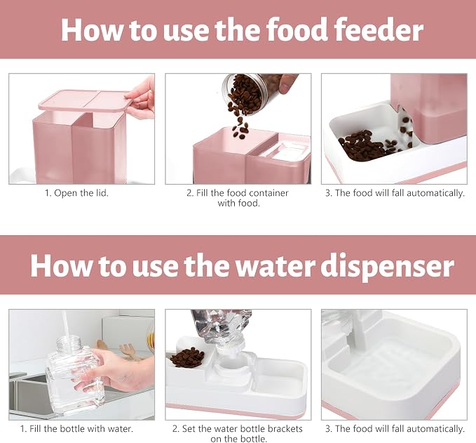 Yummy Sam Automatic Small Pet Feeder and Water Dispenser, Pink | 2 in 1 Gravity Cat Auto 1.5L Pet Feeder and 1L Waterer Set, Feeder Dish for Small Medium Pets Dog Puppy Kitten