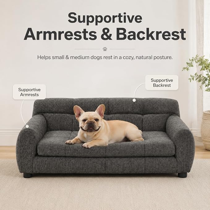 38"x22"Dog Sofa for Small & Medium Dogs | Removable Cushion Cover | Stable Low-Leg Frame | Breathable Linen Fabric | Armrest & Backrest | Easy to Clean | Dark Gray