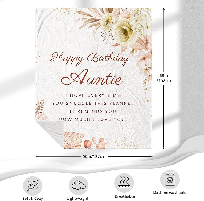 Aunt Birthday Gift Throw Blankets 60 x 50 Inch, Birthday Gift for Auntie from Niece, Happy Birthday Auntie Gifts, Birthday Gifts for Aunt from Nephew, Auntie Birthday Gifts