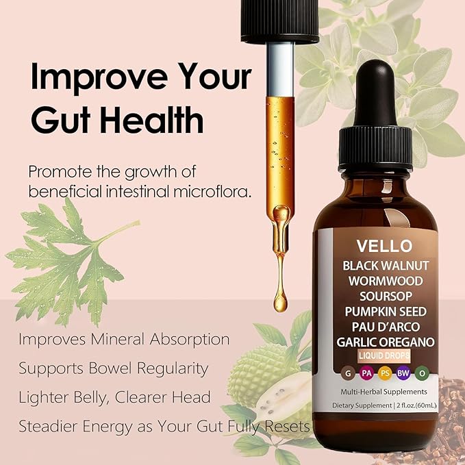 VELLO Black Walnut Wormwood | Soursop, Pumpkin Seed, PAU D'arco, Garlic Oregano | -2 Oz/60ml (1)