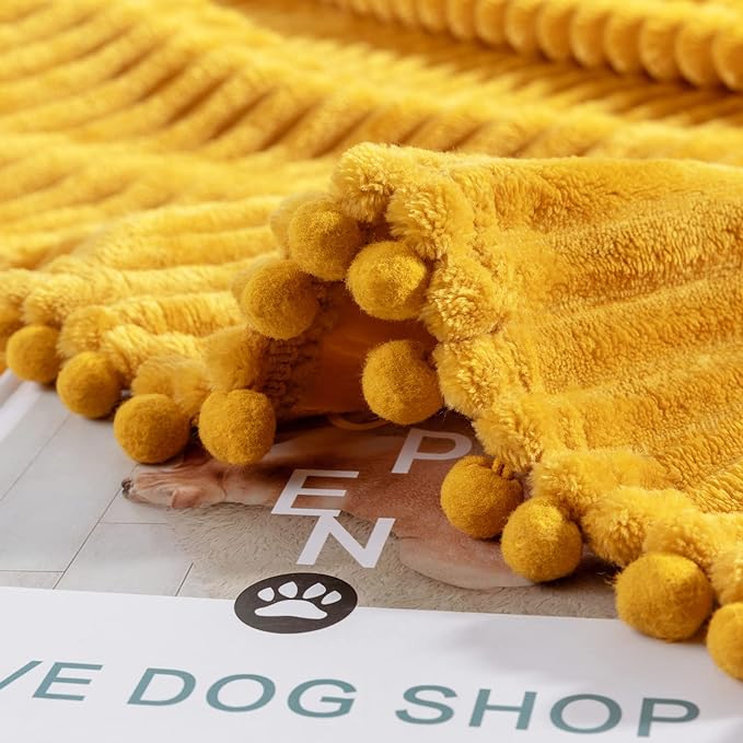 DISSA Fleece Blanket Throw Size – 51x63, Yellow Soft, Plush, Fluffy, Fuzzy, Warm, Cozy Perfect for Couch, Bed, Sofa - with Pompom Fringe Flannel