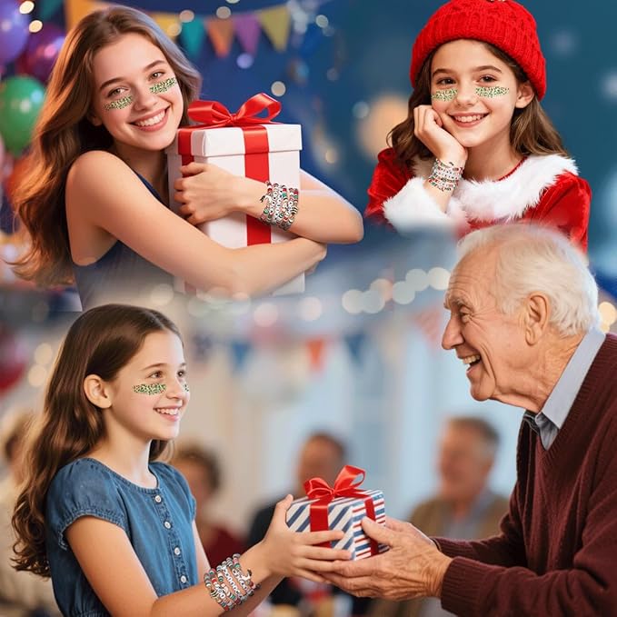 Mysense Red Silver Green Body Glitter Stick and 6 Pack Joy & Merry Christmas Bracelets Set,Christmas Gifts for Grandkids Teens Women,Festive Stocking Stuffers,Party Favors and Decorations