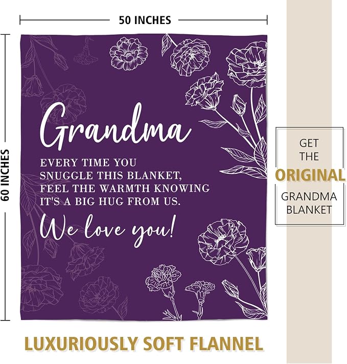 GiltGlimmer Grandma Gifts, Grandma Floral Blanket 50" x 60", Purple | Birthday Gifts for Grandma from Grandkids, to My Grandmother Soft Flannel Throw Blanket for Christmas Mothers Day