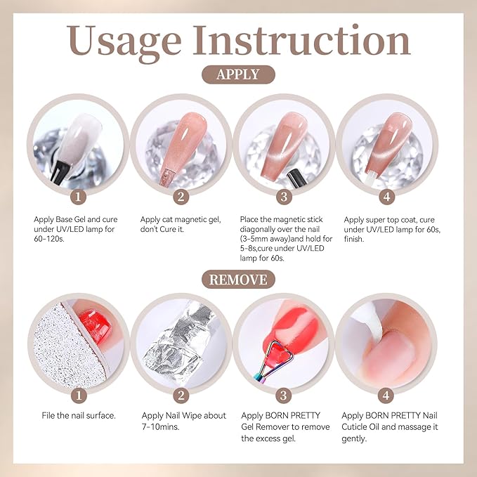 Born Pretty Glassy Cat Magnetic Eye Gel Nail Polish,Glitter Nude Jelly Translucent Magnetic Gel Polish,Soak Off U V LED Gels Nail Art Design Manicure Salon DIY Home 15ML