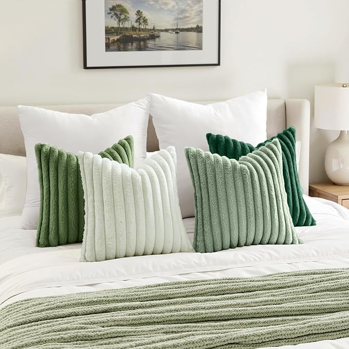 MIULEE Faux Fur Plush Decorative Throw Pillow Covers 20x20, Green | Set of 4, Striped, Soft Modern Cozy Home Decor, Cushion Cases for Sofa Couch Bed Living Room
