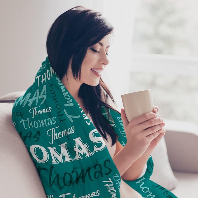 Personalized Name Throw Blanket, Custom Teal Theme Light Soft Flannel Fleece Throw Blanket with Name for Men Women Boys Girls Kids, Customized Name Gifts for Birthday Christmas Valentines Day