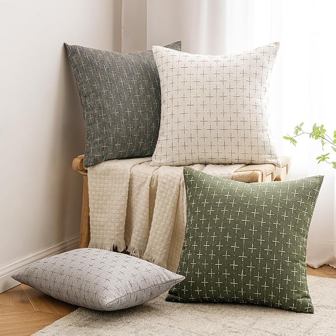 MIULEE Pack of 2 Decorative Vintage Burlap Linen Spring Throw Pillow Covers Modern Farmhouse Pillowcase Rustic Woven Textured Cushion Cover for Sofa Couch Bed 16x16 Inch Olive Green