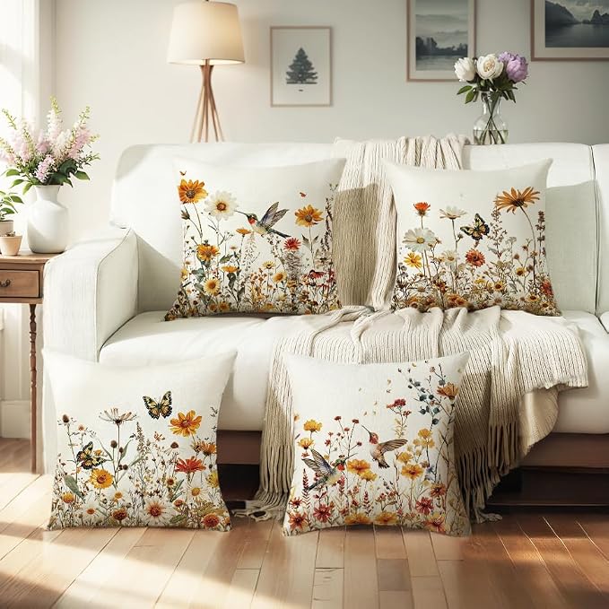 wyooxoo Spring Pillow Covers 20x20 Set of 4 Farmhouse Summer Throw Pillow Covers Floral Decorative Cushion Cases for Sofa Couch Outdoor Bedroom