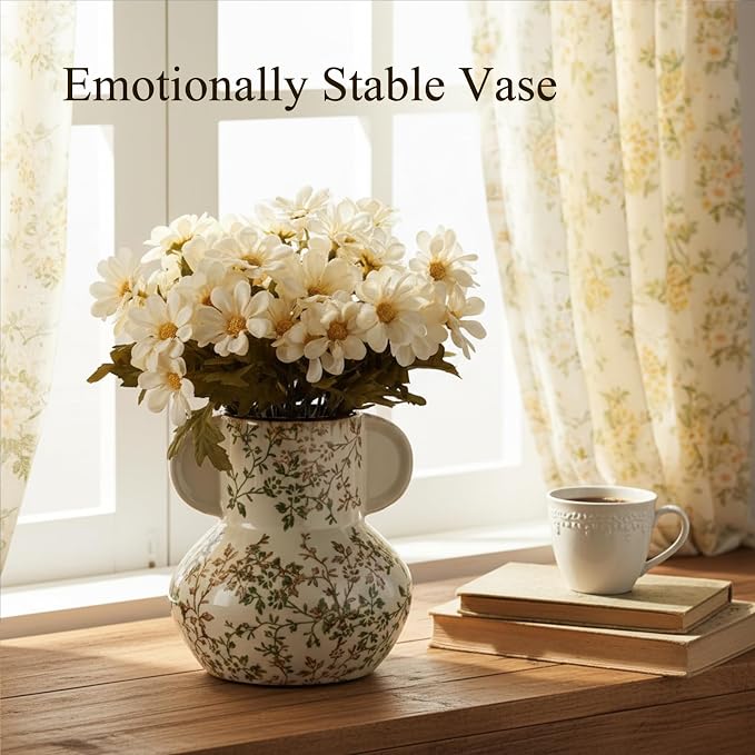 Emotionally Grounded Vase, Vaseking Ceramic Rustic Vase with Handle, 5.63 inch Pastoral Decorative Farmhouse Vases for Home Decor, Living Room, Enterway, Table Decoration, Green and Beige