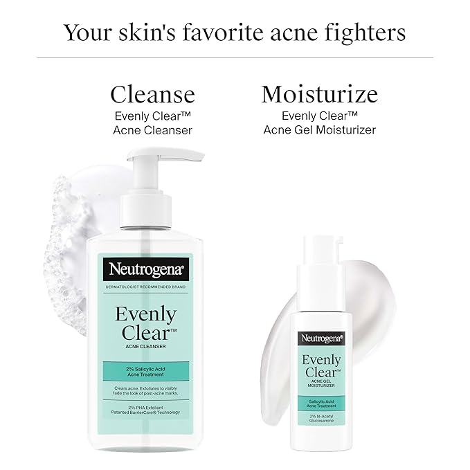Neutrogena Evenly Clear Acne Gel Moisturizer with Salicylic Acid & N-Acetyl Glucosamine, Lightweight Non-Greasy Face Moisturizer Helps Treat Breakouts & Visibly Fade the look of Post-Acne, 1.7 fl. oz