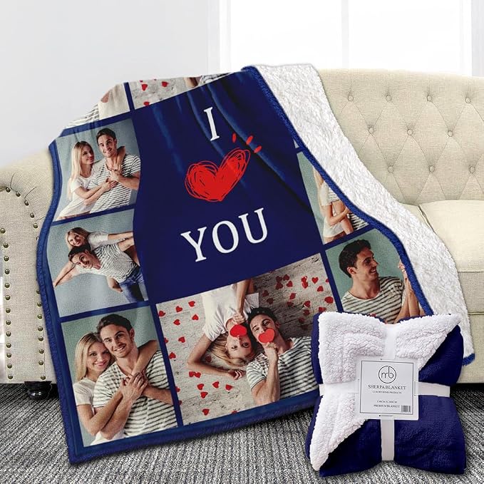 Ships Next Day, Custom Sherpa Fleece Blanket with Photos Text Soft Warm Custom Blanket Personalized Couples Gifts for Boyfriend Girlfriend Customized Picture Blanket Gifts for Christmas Valentines Day