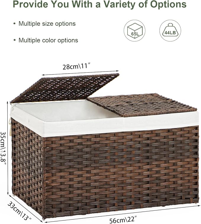 SETVSON Storage Basket with Lid, 2-Lid PE Rattan Storage Bin, Brown | 65L Storage Bin with 2 Separate Lids, 2 Removable Liners with Divider for Clothes & Blankets, Sturdy Frame, Brown