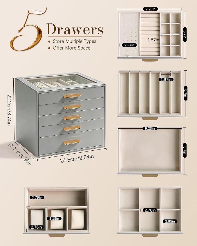 Homeanda Jewelry Boxes Organizer with Glass Lid, 5-Layer PU Leather, Grey | Modern style display case with 5 drawers for daily jewelry, women, mom or girl gift