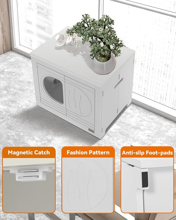 PETSFIT Cat Litter Box Enclosure Folding Furniture, Unfold to Use, No Assembly Needed, Litter Box Furniture as Cat House, End Table, Fit Most of Litter Box (White)