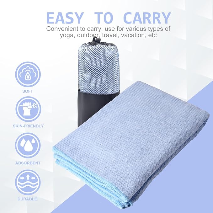 Eunzel 2 Pack Hot Yoga Towel, Non-Slip Yoga Mat Towel with Grip Dots Stickyfiber Sweat Absorbent Towel for Hot Yoga, Pilates and Workout 72" x 24", Blue/Pink