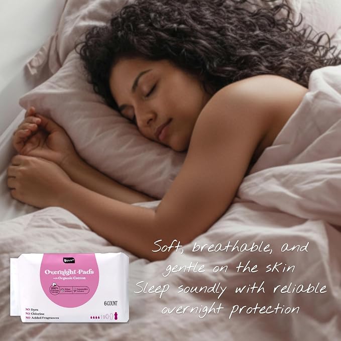 b.pure 100% Organic Cotton Herbal Overnight Feminine Pads with Wings | Chemical Free | Lavender & Aloe Infused | Heavy Flow | 24-Count