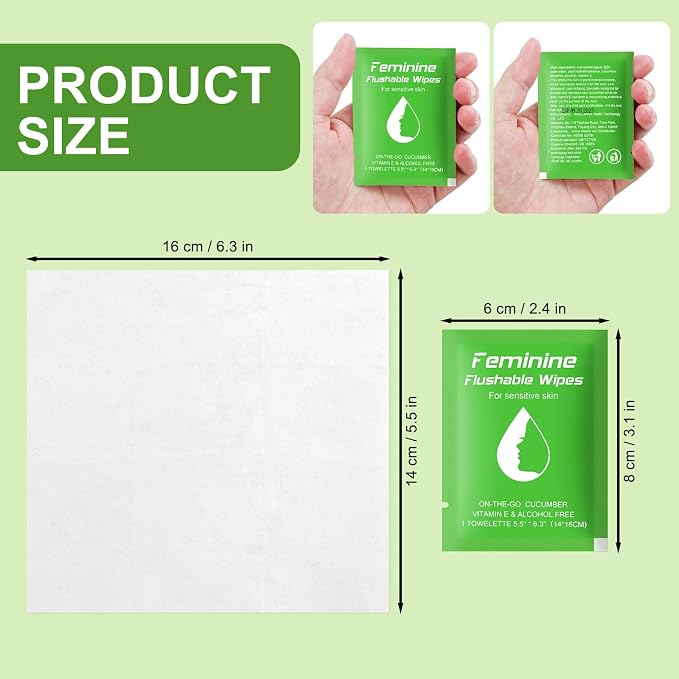 twoworld 100 Feminine Wipes Flushable Travel Individually Wrapped | Travel Wipes for Women,Feminine Care Wet Wipes Travel Size Vaginal Wipes for Adult,Girl and Homeless(Cucumber)