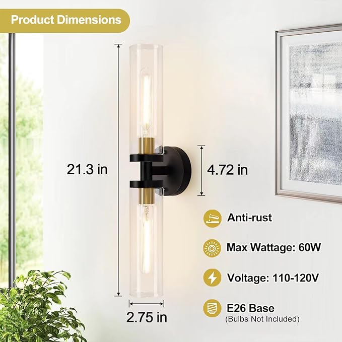 Indoi Hardwired Wall Sconces Set of Two, 22" Black and Gold Bathroom Sconces with Clear Glass, Modern Sconces Wall Decor Set of 2 Wall Light fixtures for Bathroom Mirror Living Room Hallway Bedroom