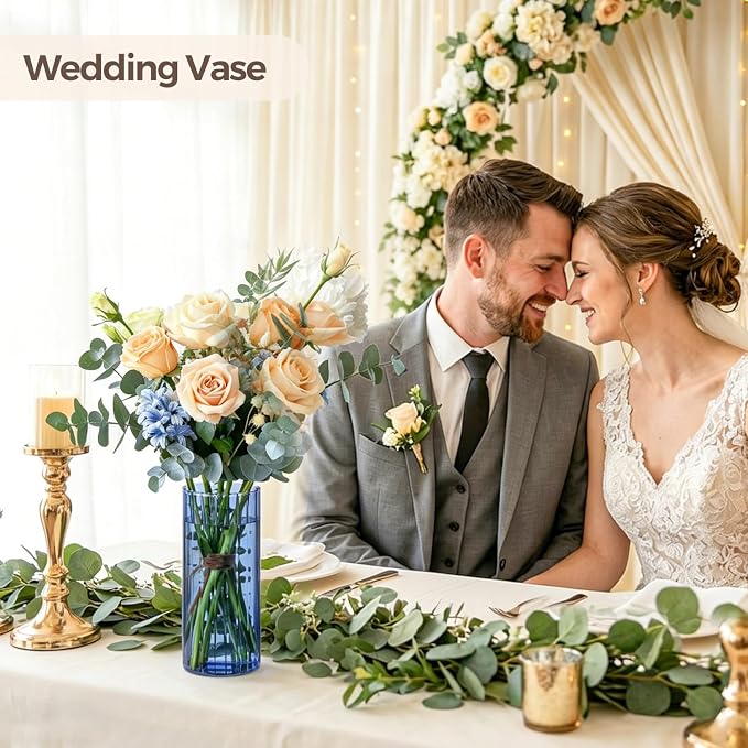 ComSaf Glass Cylinder Vase 8 Inch Tall, Blue Ribbed Decor for Centerpieces | Decorative Flower Vase, Hurricane Floating Candle Holder, Wedding Decor, Reception Table, Home Accent, Housewarming Gift