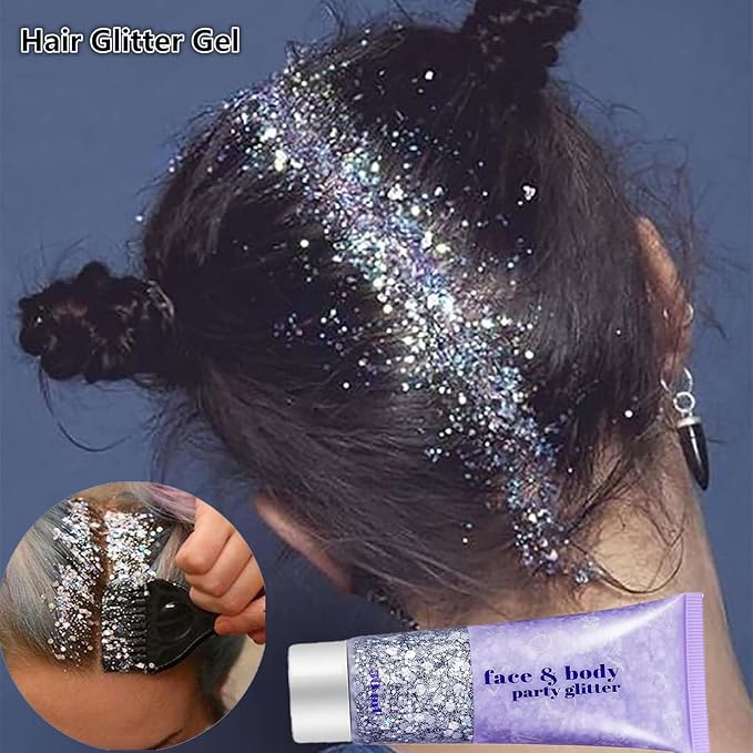 Go Ho White Pink and Silver Face Body Glitter Gel Set,Mermaid Face Paint,Holographic Long Lasting Chunky Sequins Glitter Makeup for Singer Concerts,Halloween Festival Rave Accessories