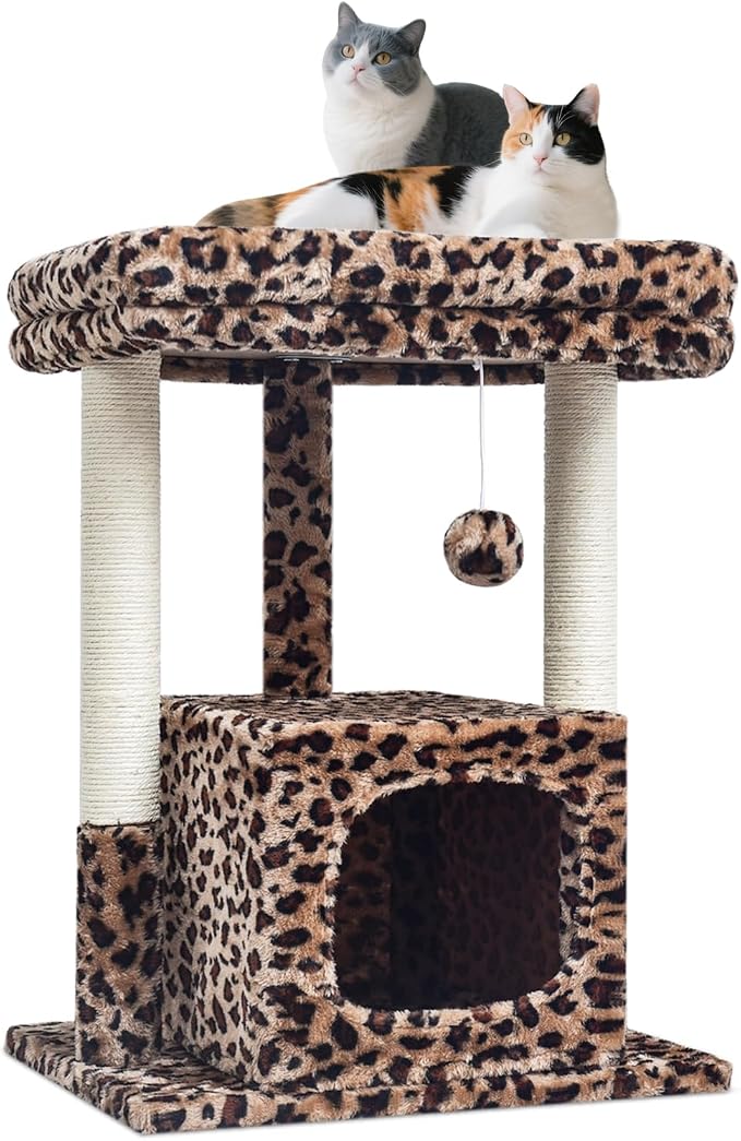 SYANDLVY 27" Cat Tree for Indoor Cats, Activity Tower with Scratching Posts | Modern Kitten Condo with Plush Perch & Hanging Ball for Play, Leopard Print