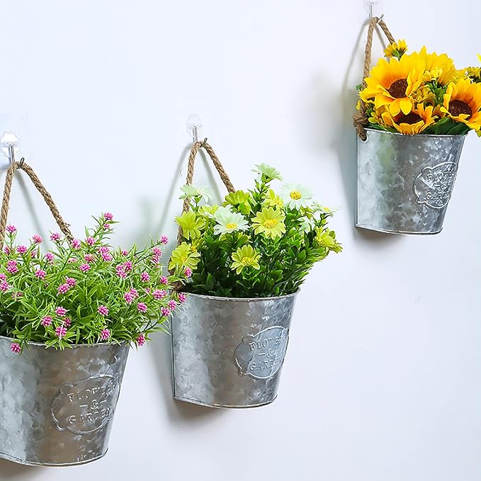 XONOR 4Pcs Galvanized Metal Hanging Wall Planter, Rustic Wall Flower Vase for Succulents Herbs Country Home Farmhouse Decoration (1)