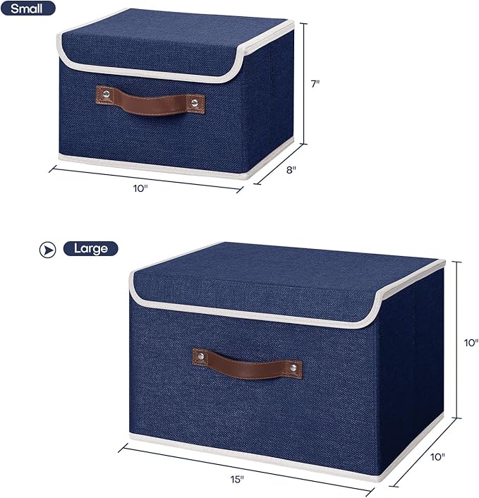 ANMINY Fabric Storage Box Bins with Lids, Blue, 15"x10"x10" | Keepsake Memory Storage, Cotton Linen, PP Board Reinforced, Washable, PU Handles, Foldable & Stackable, Decorative, Large