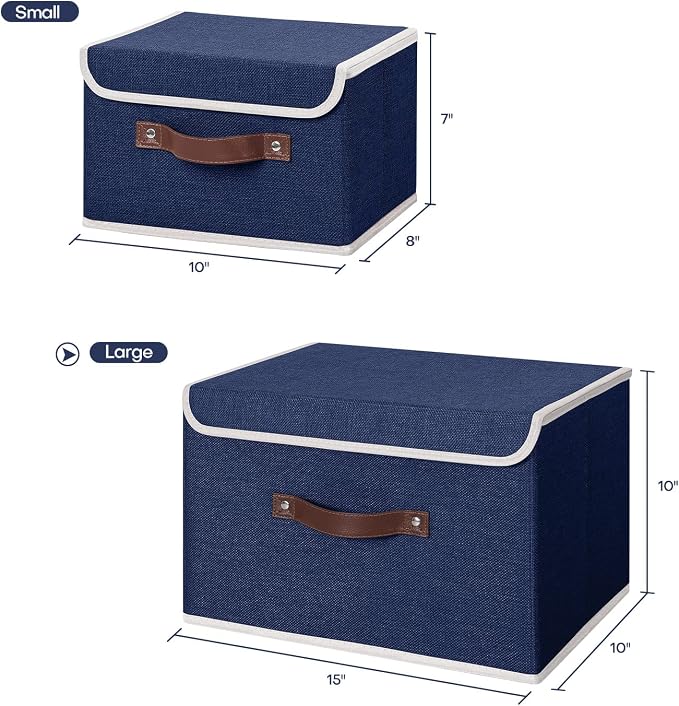 ANMINY Fabric Storage Box Bins with Lids, Blue, 15"x10"x10", 2 Pack | Keepsake Memory Storage, Cotton Linen, PP Board Reinforced, Washable, PU Handles, Foldable & Stackable, Decorative, Large