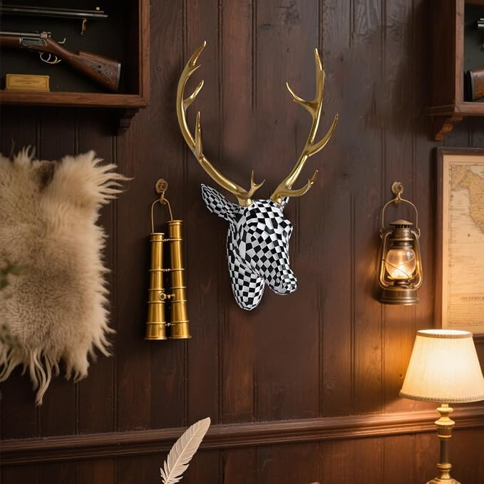 GIGICICI Mosaic Deer Head Wall Decor 15.7x8.7 Inch, Artistic Faux Resin Animal Head Wall Sculpture Hanging for Living Room Bedroom Kitchen Office, Brown Gift