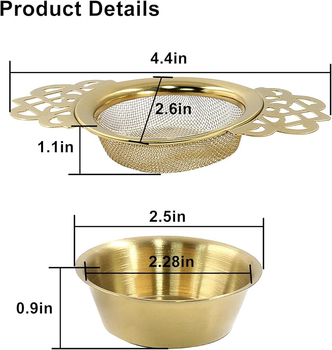 4 Pack Tea Strainers with Drip Bowls, Stainless Steel Tea Strainer Bowl Loose Leaf Tea Filter for 2.5-4 Inch Cup Mouth (Gold)