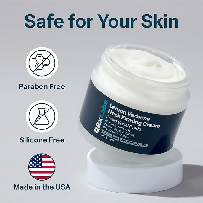 QRxLabs Lemon Verbena Neck Firming Cream – Tightening & Lifting Moisturizer for Loose, Wrinkled or Sagging Skin, Decollete & Chest – Best to Prevent Turkey/Crepe Neck – 2 fl oz