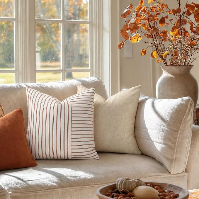 YCOLL Farmhouse Fall Pillow Covers 18x18, Modern Accent Square Throw Pillow Covers Set of 2, Rust and Beige Striped Patchwork Linen Decorative Cushion Covers for Couch Chair Bedroom Fall Decorations