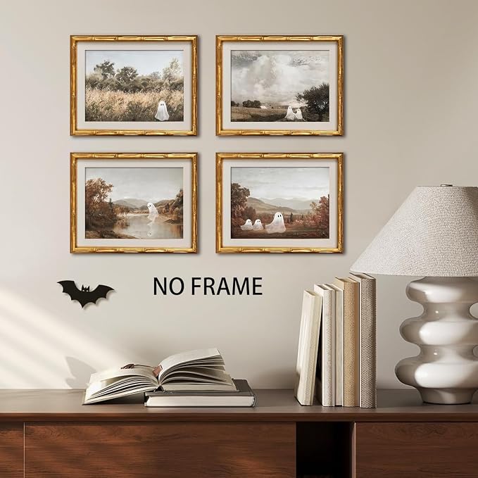 Mynotix Funny Halloween Poster Set of 7, Cute Ghost Country Landscape Wall Art, Vintage Haunted Forest Canvas Painting Print Pictures for Bedroom Living Room Dorm Unframed 12x16 inch