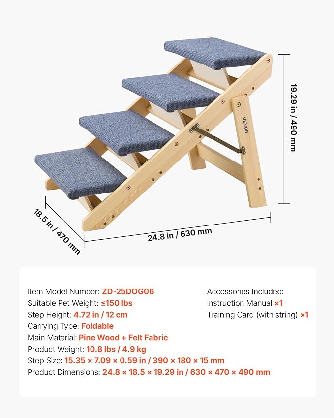 VEVOR Wood Pet Stairs, 4-Step Dog Stairs for Beds, Sofa & Cars, Floded Flat | For Small Medium Large Older Pet Puppy Essentials, 150lbs Load Capacity, Stable & Sturdy Cat & Dog Step Ladder, Non-Slip