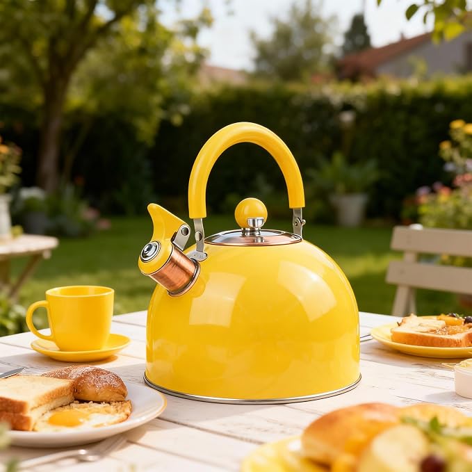 2.6 Quart Yellow Whistling Tea Kettle, tea pot, Stainless Steel, Cool-Touch Handle, Loud Whistle, 7.48-inch Base, Induction Compatible