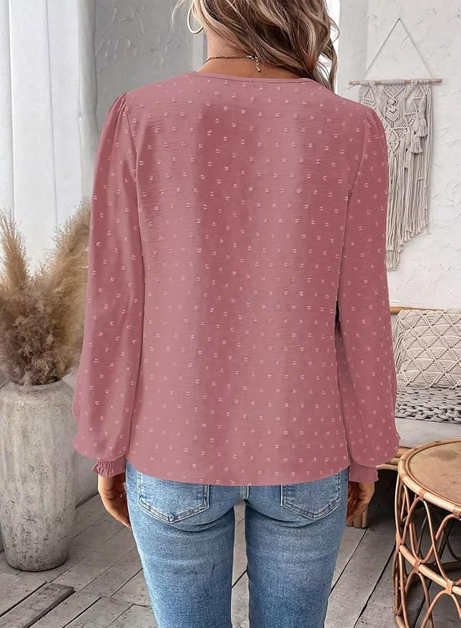 Womens Tops Swiss Dot Boho Long Sleeve Shirts V Neck Casual Chiffon Blouses Flowy Lace Hem Cute Clothing Trendy 2026