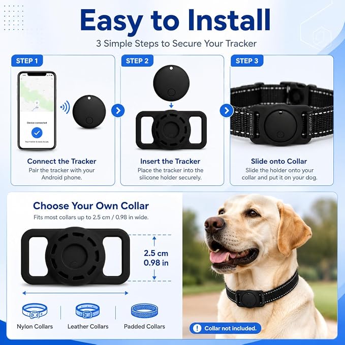 GPS Smart Collar for Dogs, Android Pet Tag. Waterproof, Google Find My Compatible, No Monthly Fee. Advanced Tracker ensures Safety for Small to Large Dogs. (Tracker for Dog)