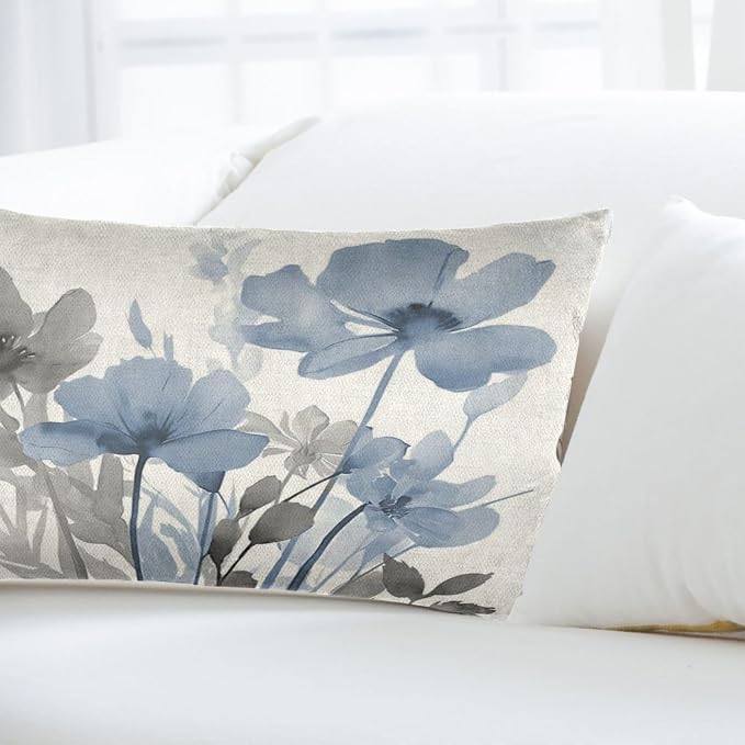Spring Floral Pillow Covers 12x20 Inches Set of 2 Gray Blue Floral Throw Pillow Covers Outdoor Rustic Summer Flower Decoration Pillowcase Farmhouse Decorative Lumbar Cushion Cover For Home Sofa