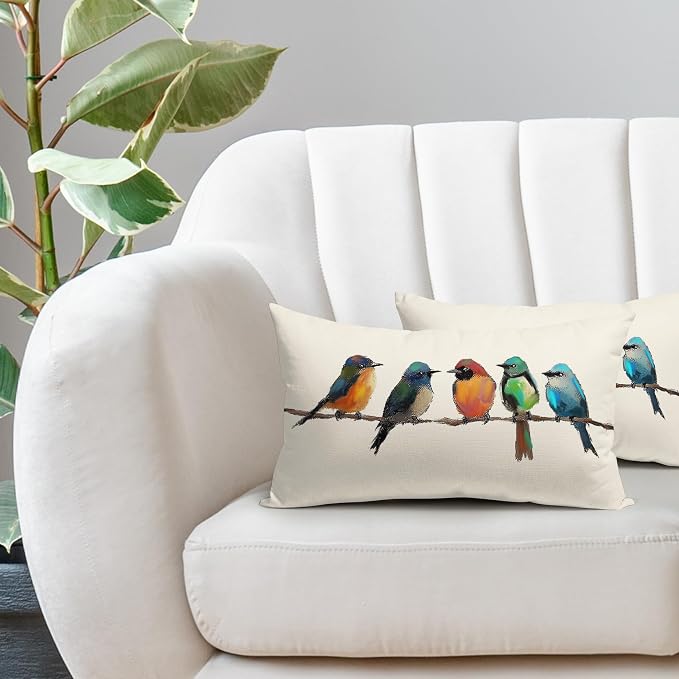 Oil Painting Bird Lumbar Lumbar Pillow Covers 12x20 Inch Set of 2 Rustic Spring Summer Cute Bird Throw Pillow Cases Outdoor Linen Square Cushion Cover Farmhouse Decor for Bedroom Home Sofa Couch Bed