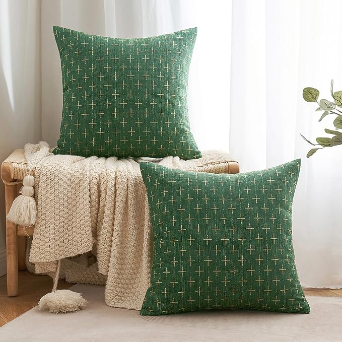 MIULEE Pack of 2 Christmas Decorative Burlap Linen Throw Pillow Covers Modern Farmhouse Pillowcase Rustic Woven Textured Cushion Cover for Sofa Couch Bed 20x20 Inch Christmas Green