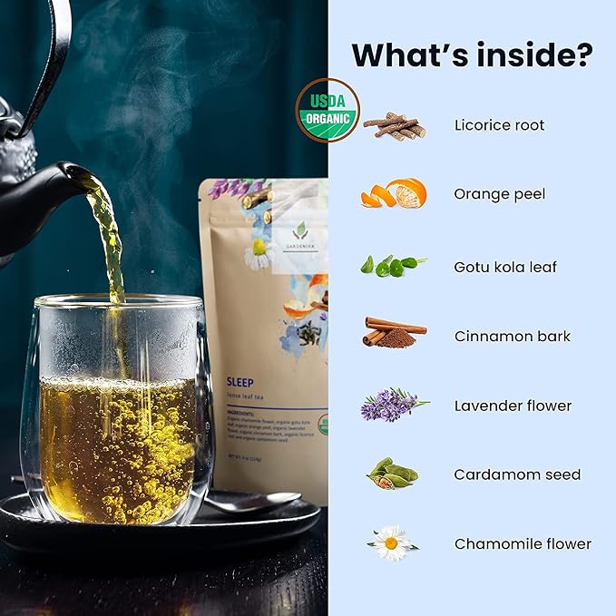 Gardenika Organic Sleep Loose Leaf Tea with Chamomile and Lavender Flowers, Herbal Caffeine Free Leaves, Ayurvedic Blend - 3 Pack