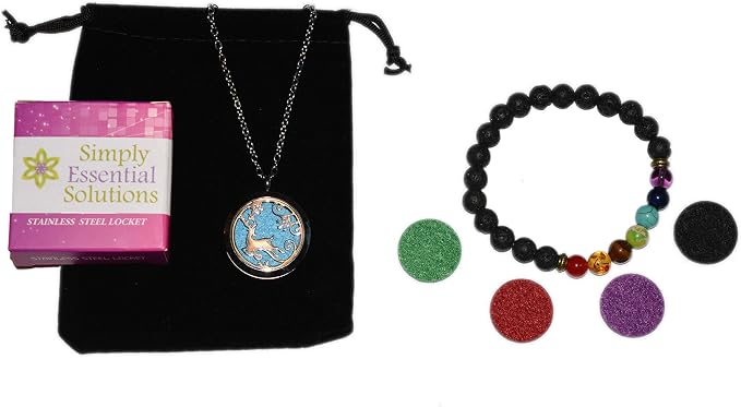 Aromatherapy Essential Oil Diffuser Stainless Steel 30MM Silver Magnetic Locket Pendant 2 Sizes Chain Necklace, Refill Pads & Diffuser Bracelet in a Velvet Bag (Flying Winter Deer)