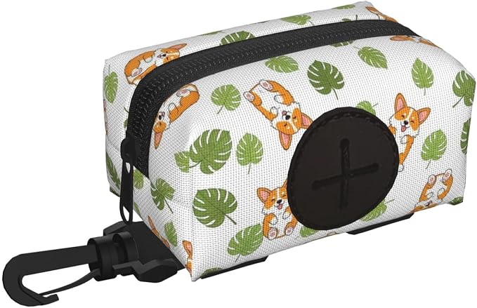Cute Corgi Funny Fat Dog Tropical Leaves Dog Waste Bag Dispenser Pet Poop Bags Holder Zipper Small Doggy Puppy Pouch